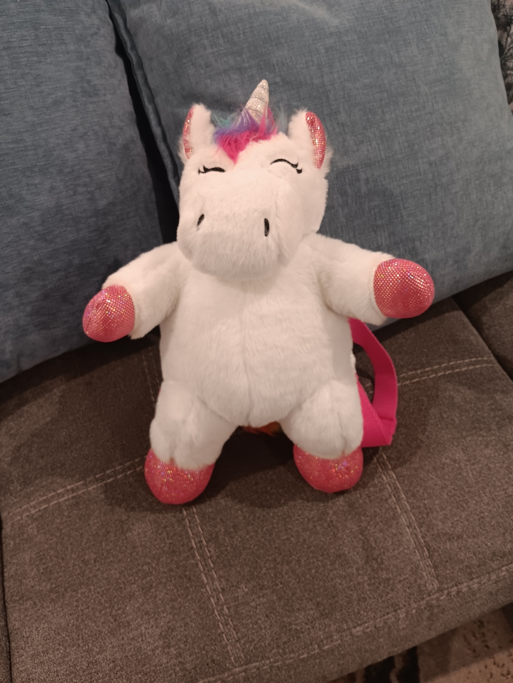 & Other Stories White Plush Unicorn Backpack with Pink Sparkle Accents